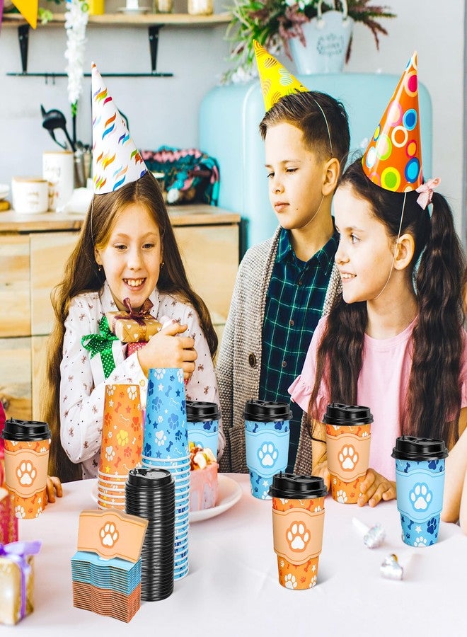 JarThenaAMCS 50Pcs Birthday Dog Paw Disposable Coffee Cup with Lids and Sleeves 12Oz Blue Orange Paw Themed Paper Drinking Cups for Puppy Pet Baby Shower Party Supplies - Image 5